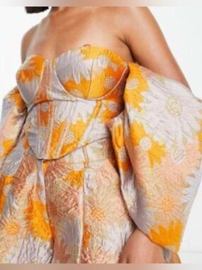ASOS LUXE Floral Jacquard Off-Shoulder Corset Top in Orange and Silver Small